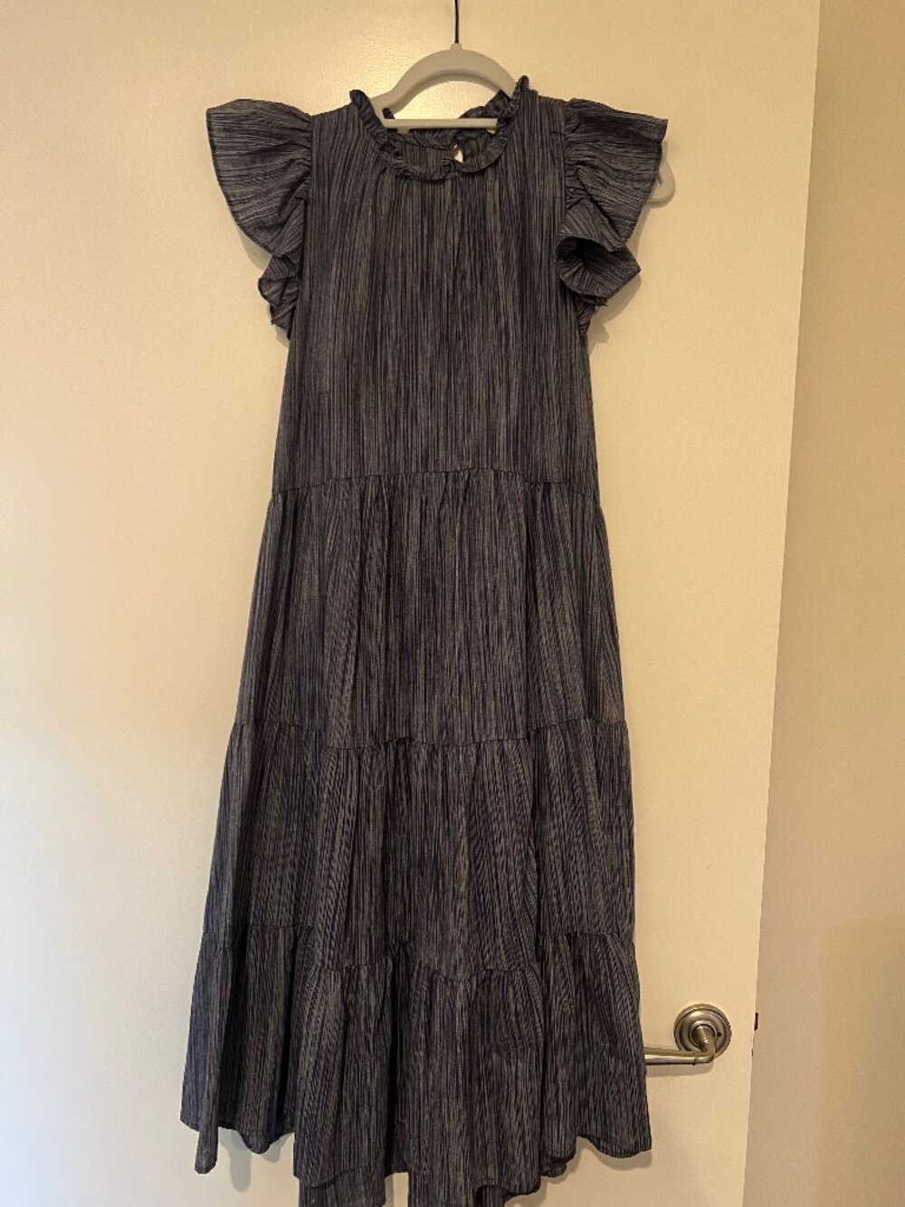 Pinch Dress Tiered Ruffle Sleeve Pinstripe Midi Dress
